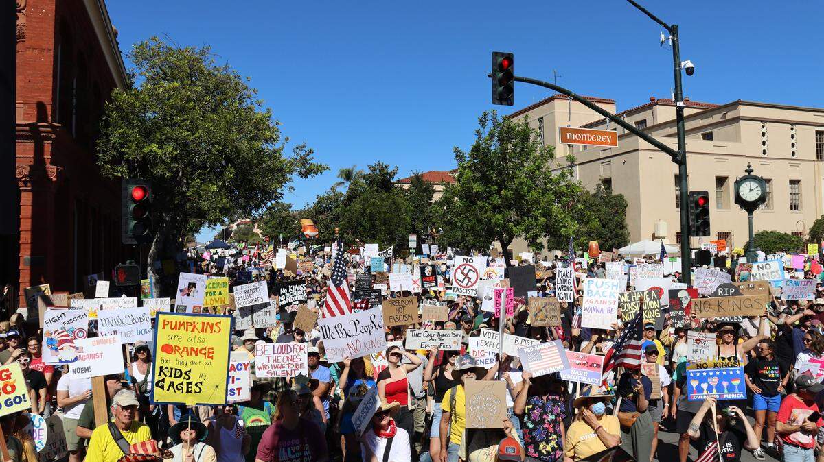 Thousands of people attended the “No Kings” rally in downtown San Luis Obispo to protest the Trump administration and support Prop. 50. on Oct. 18, 2025.