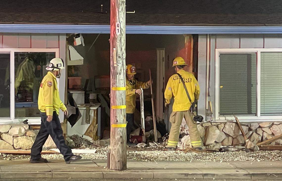 A car crashed into the Ocean Palms Motel in Pismo Beach on Sept. 24, 2025, injuring three people. The building was declared unstable and crews were working to clear the area.