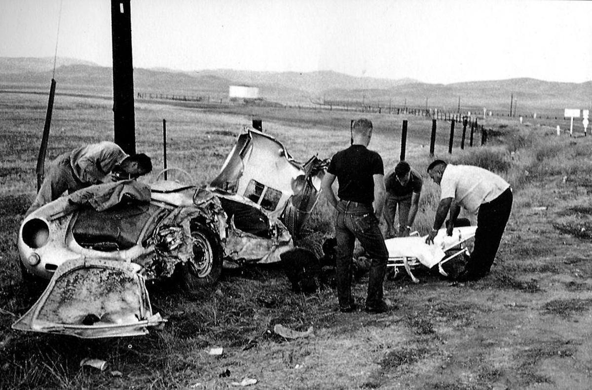 James Dean’s wrecked car sits at the crash site in Cholame.