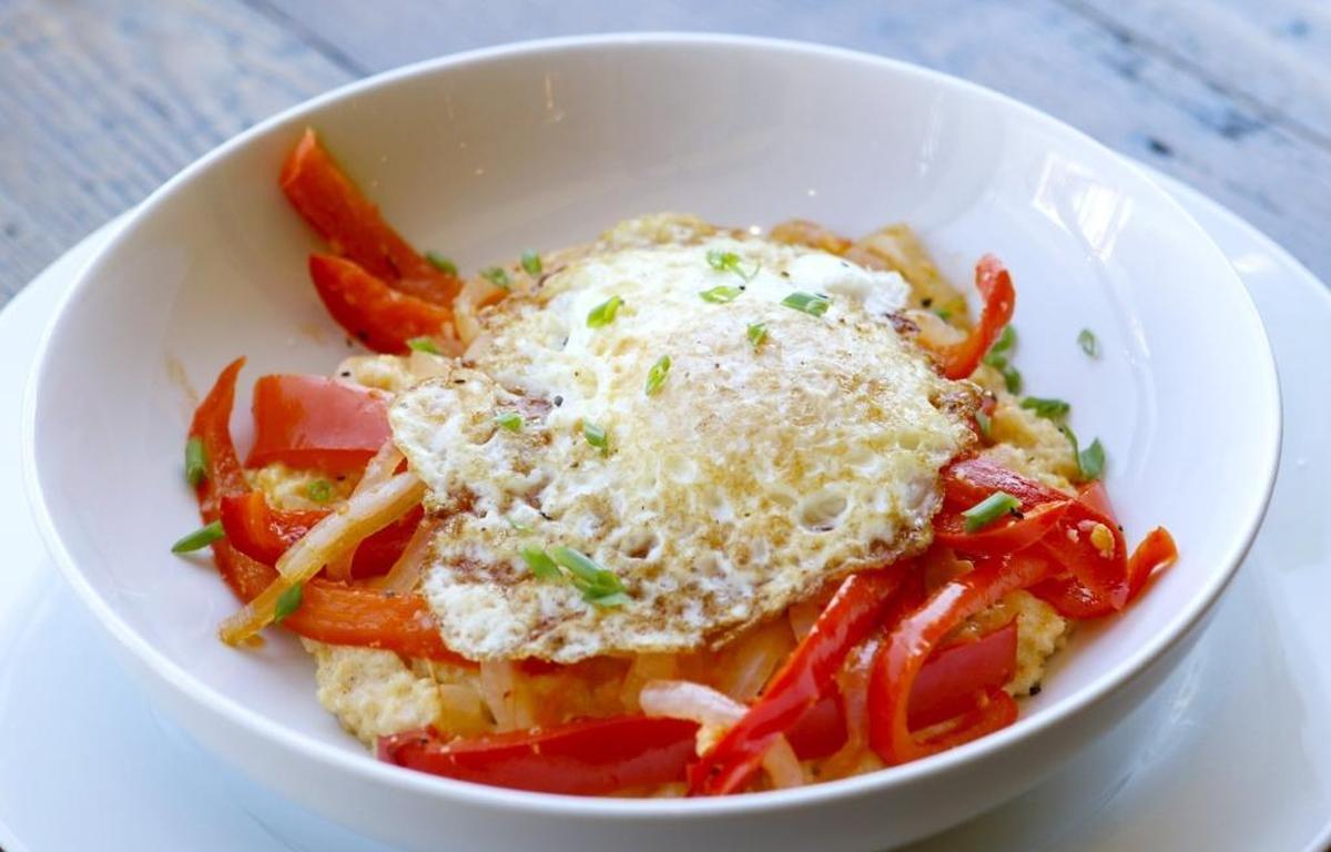 Red peppers and polenta with fried egg by Comfort Market in Arroyo Grande.