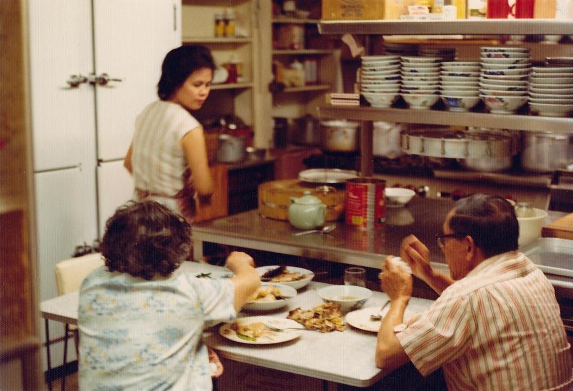 Anna Gin prepares food for Peggy and Gow Gin. The Gins started Mee Heng Low restaurant in San Luis Obispo.