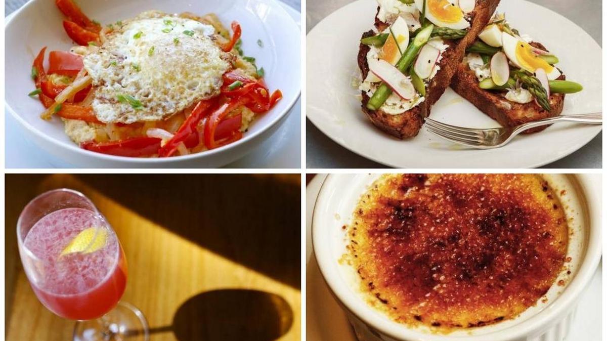 Brunch recipes include red peppers and polenta with fried egg, asparagus tartine with chevre, radish, soft-boiled egg and chive blossoms, an El Pinky Bisco cocktail and crème brûlée.