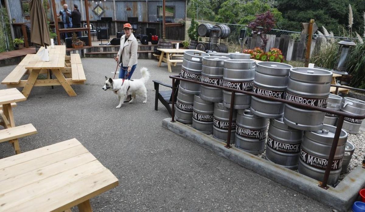 Camilla Harvey walks into ManRock Brewing Co. in Grover Beach with her dog, Astra.