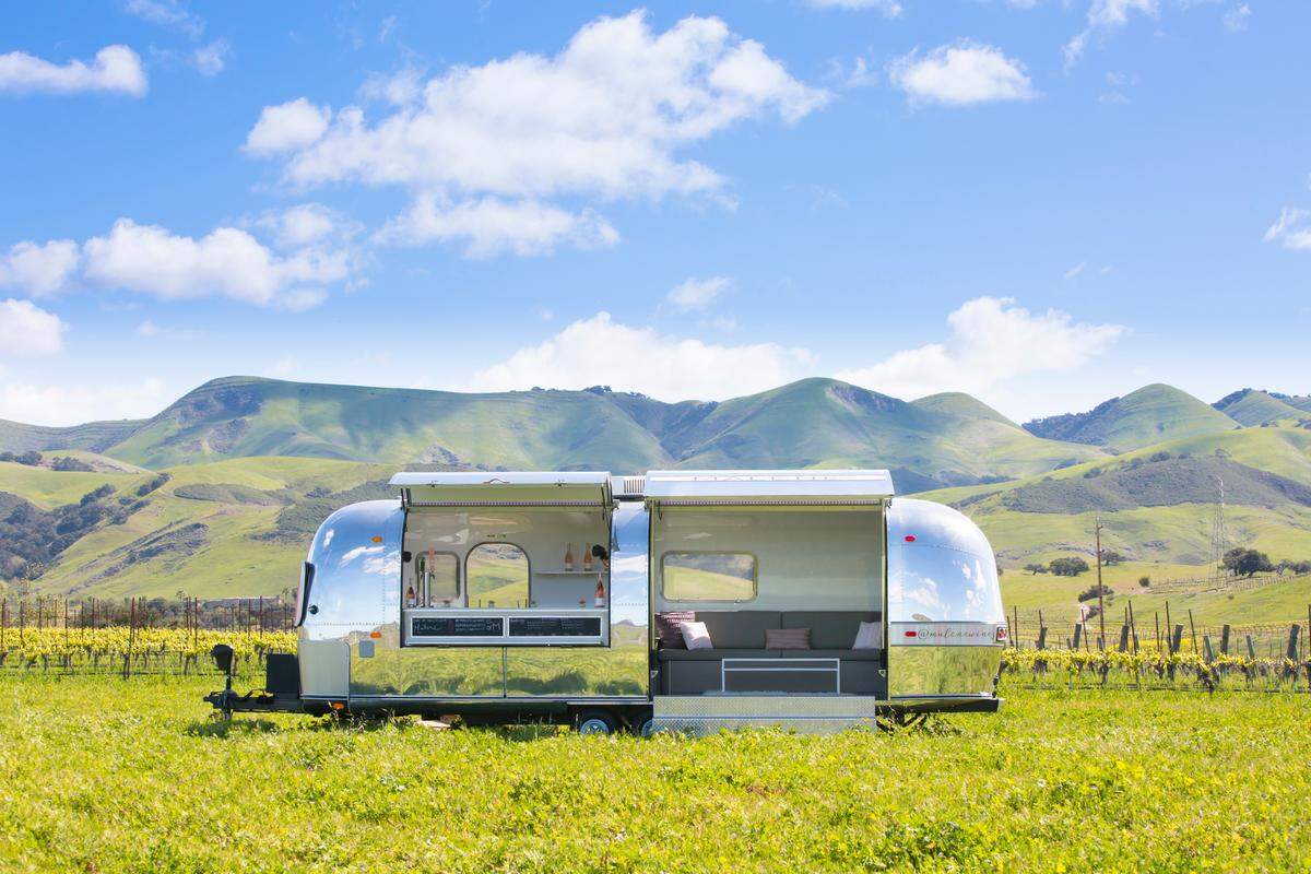 A vintage Airstream trailer located next to Chamisal Vineyards in San Luis Obispo serves as Malene Wines’ tasting room.