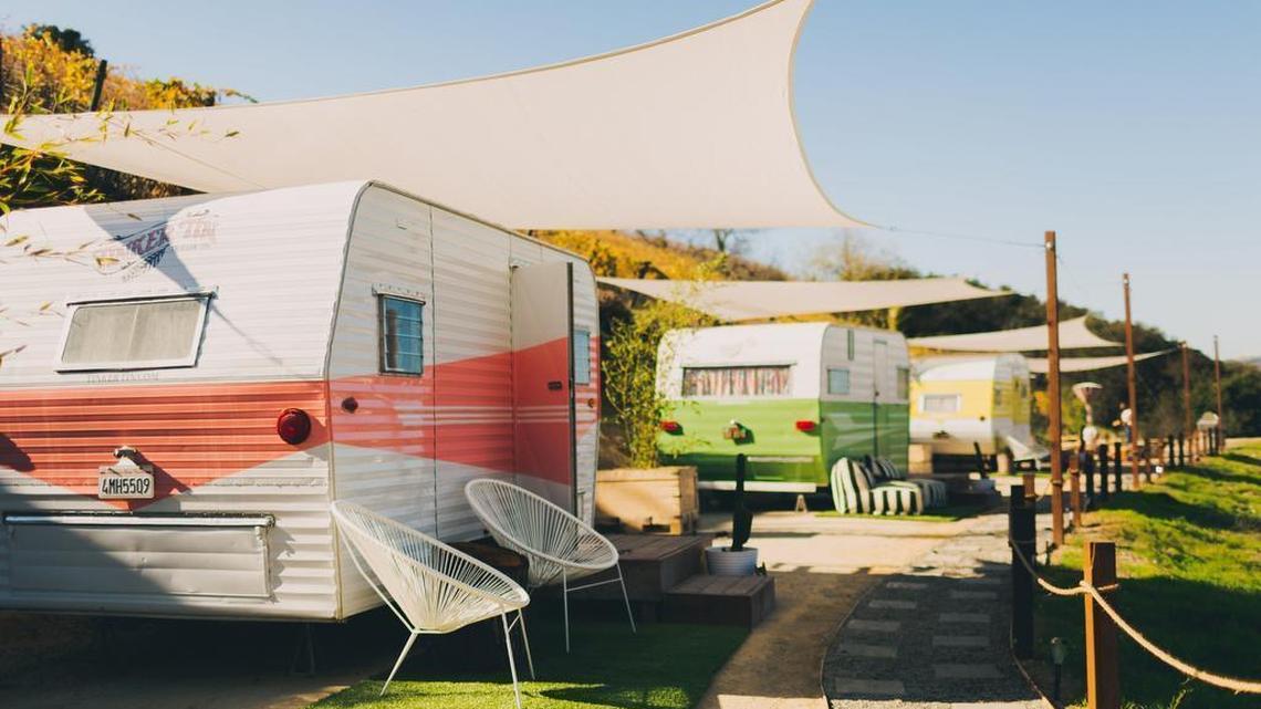 These vintage trailers at Alta Colina winery are on the edge of a small lake.