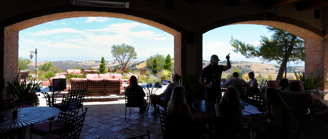 Wine tasters gather on a panoramic patio at Daou Vineyards and Winery in Paso Robles.