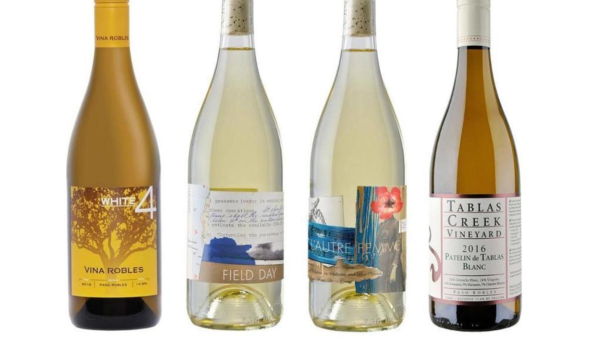 From left: White4, from Vina Robles Winery in Paso Robles, features a blend of viognier, verdelho, vermentino and sauvignon blanc; ONX Wines in Paso Robles offers two white wines, including Field Day and L’Autre Femme; Tablas Creek Vineyard’s Patelin de Tablas Blanc came in at No. 26 on Wine Spectator’s Top 100 Wines of the year for 2017.