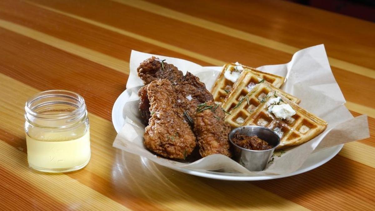 The Spoon Trade in Grover Beach pairs Tin City Cider with honey-glazed fried chicken and waffles.