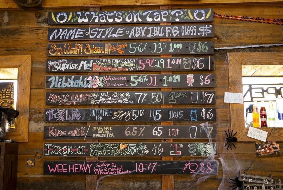 Beers on tap at Bang the Drum Brewery in San Luis Obispo include Hibitchin’ hibiscus saison; Draca, a smoked porter flavorted with chipotle peppers, and King Maté, a yerba maté-infused English-style IPA.