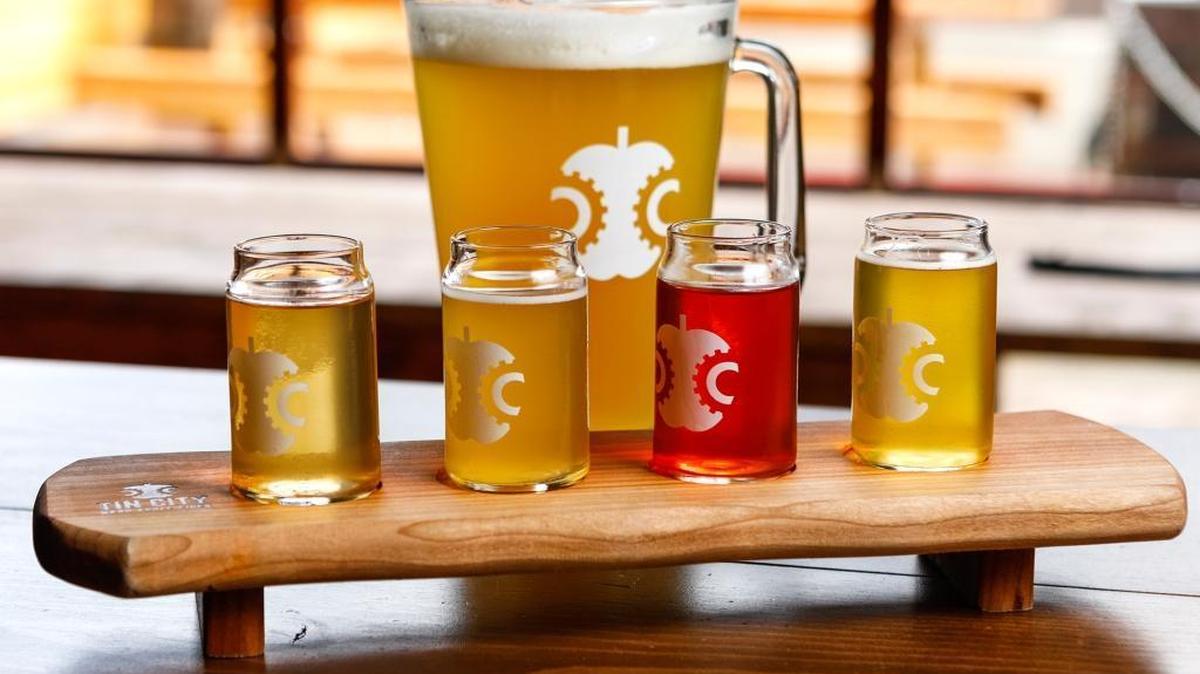 A pitcher and a flight of ciders at Tin City Cider Co. in Paso Robles.