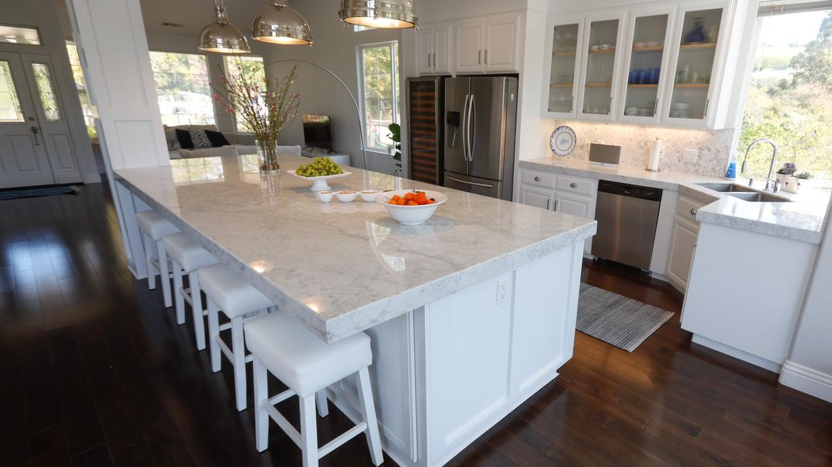 A 14-long island is the focal point of the kitchen in Gary and Marilyn Sarina’s Arroyo Grande home.