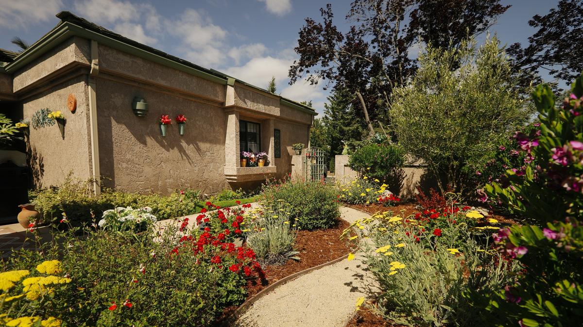 A gravel path flanked by red geraniums, yellow yarrow and drawf sweet pea shrubs winds through Jake and Sharyn Schaffer's San Luis Obispo garden.