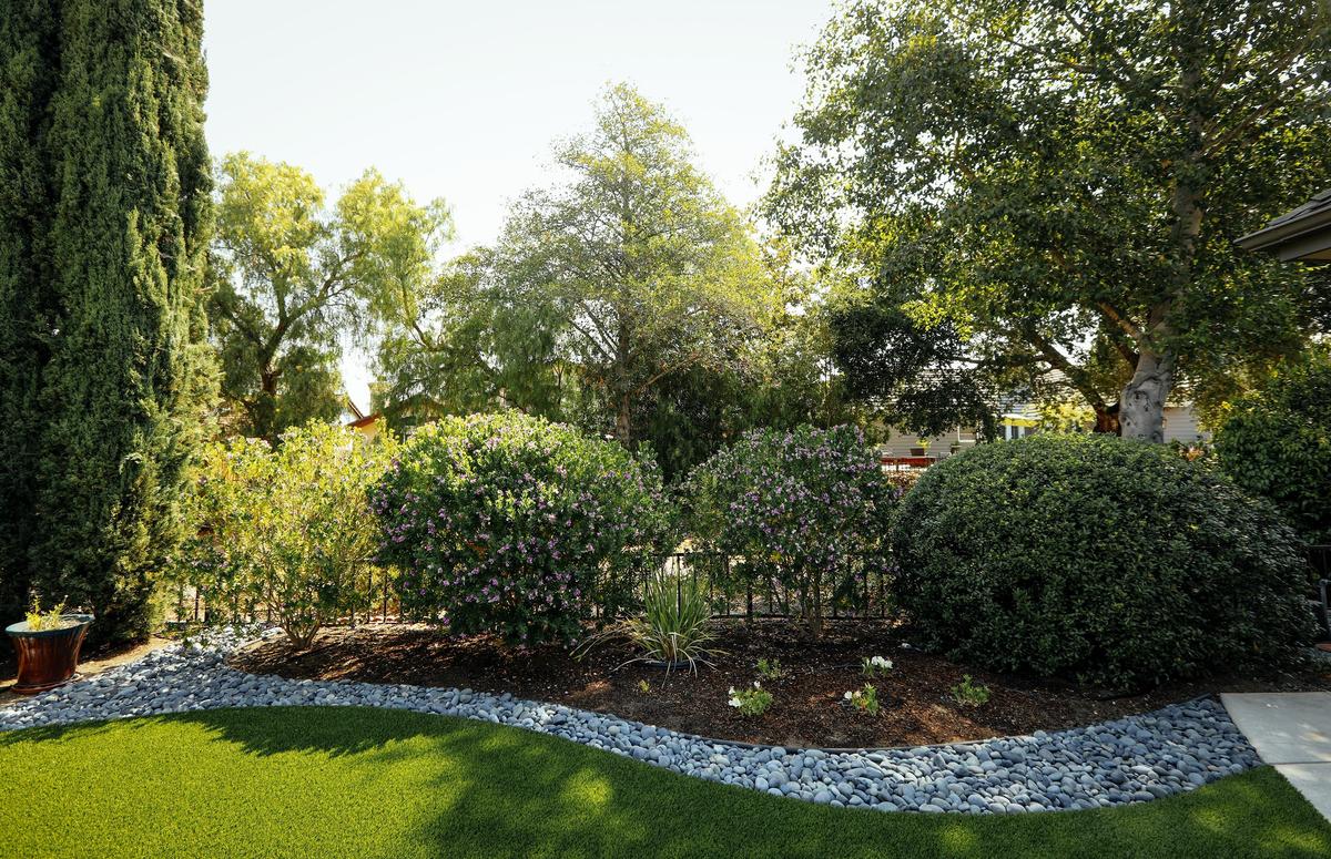 A ribbon of stone winds past artificial turf in Dale and Laura Texter’s San Luis Obispo back yard.