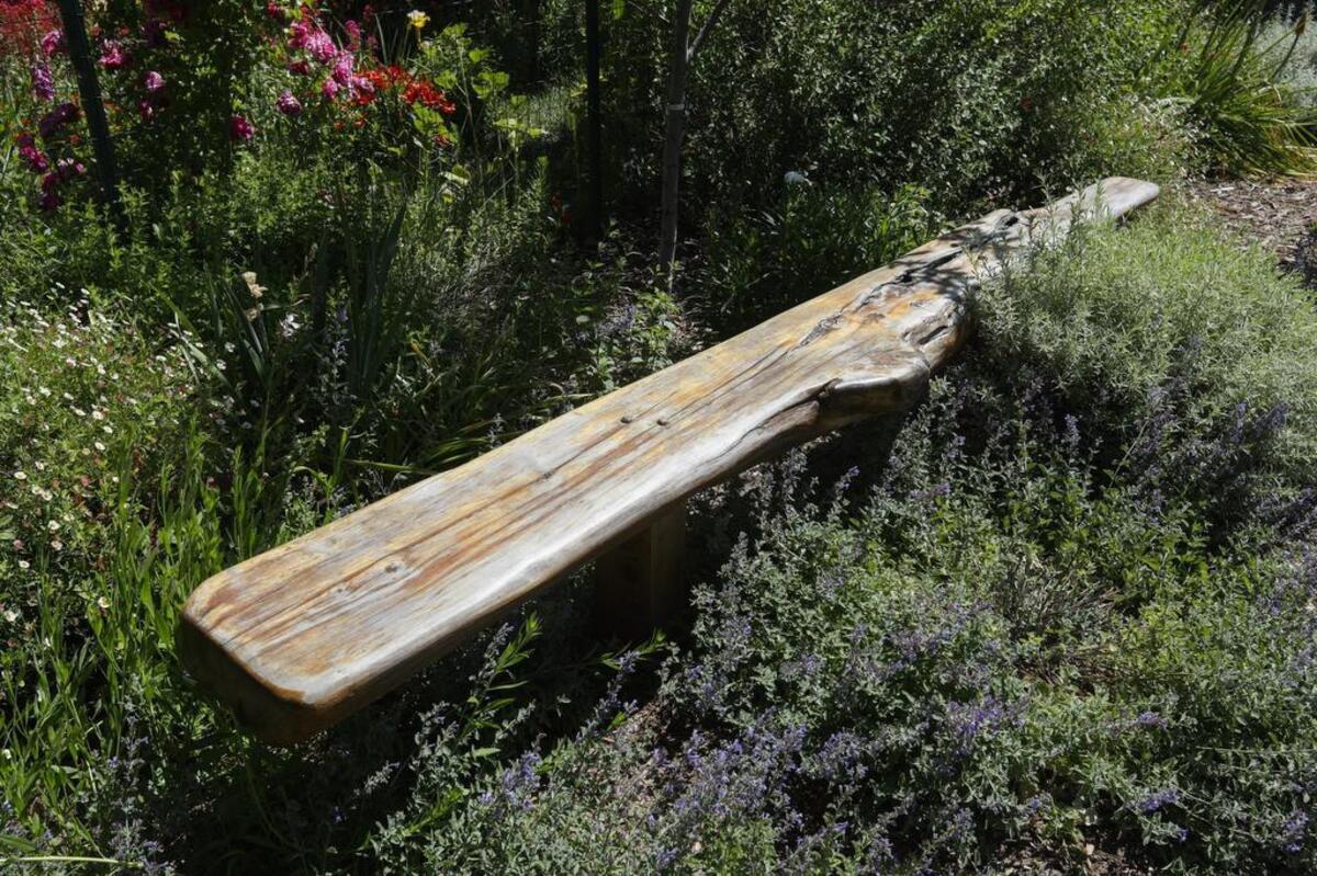 This hand-hewn wooden bench is one of three in the yard.