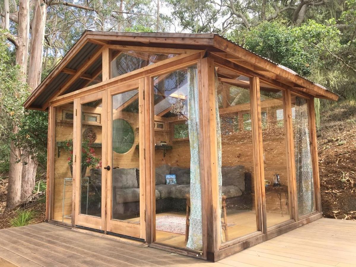 Susan Unkel of Los Osos created a quiet place where she could read, do yoga or art and drink tea. It sits on a rarely used backyard deck.