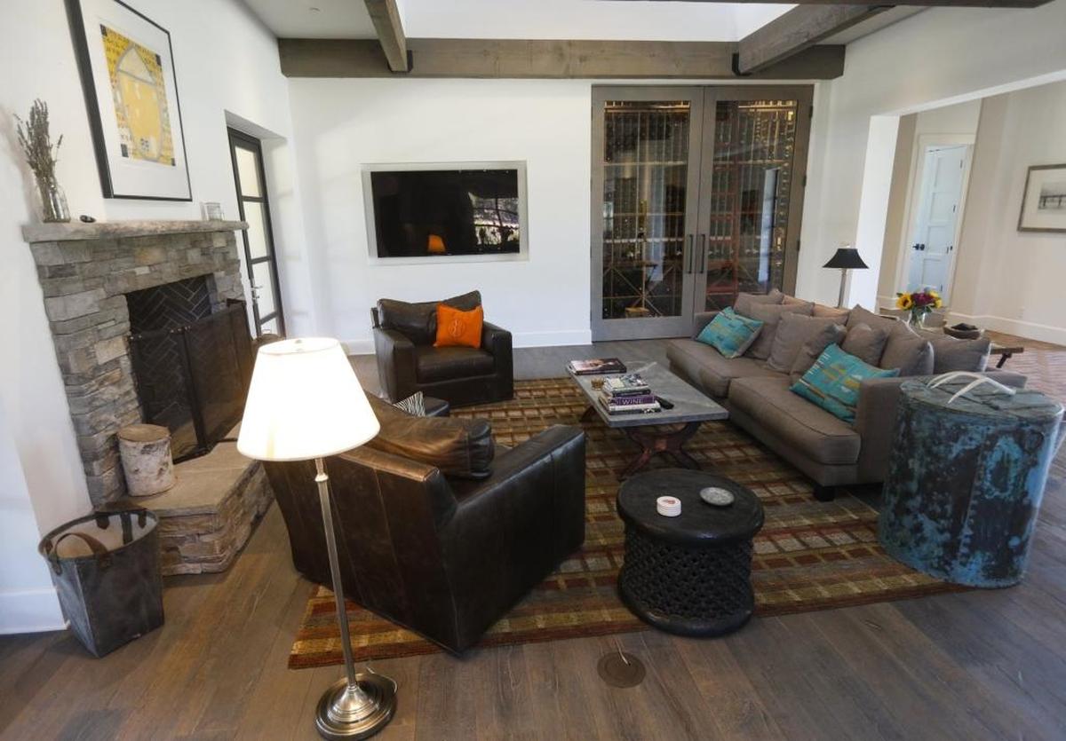The great room boasts a wine cellar.