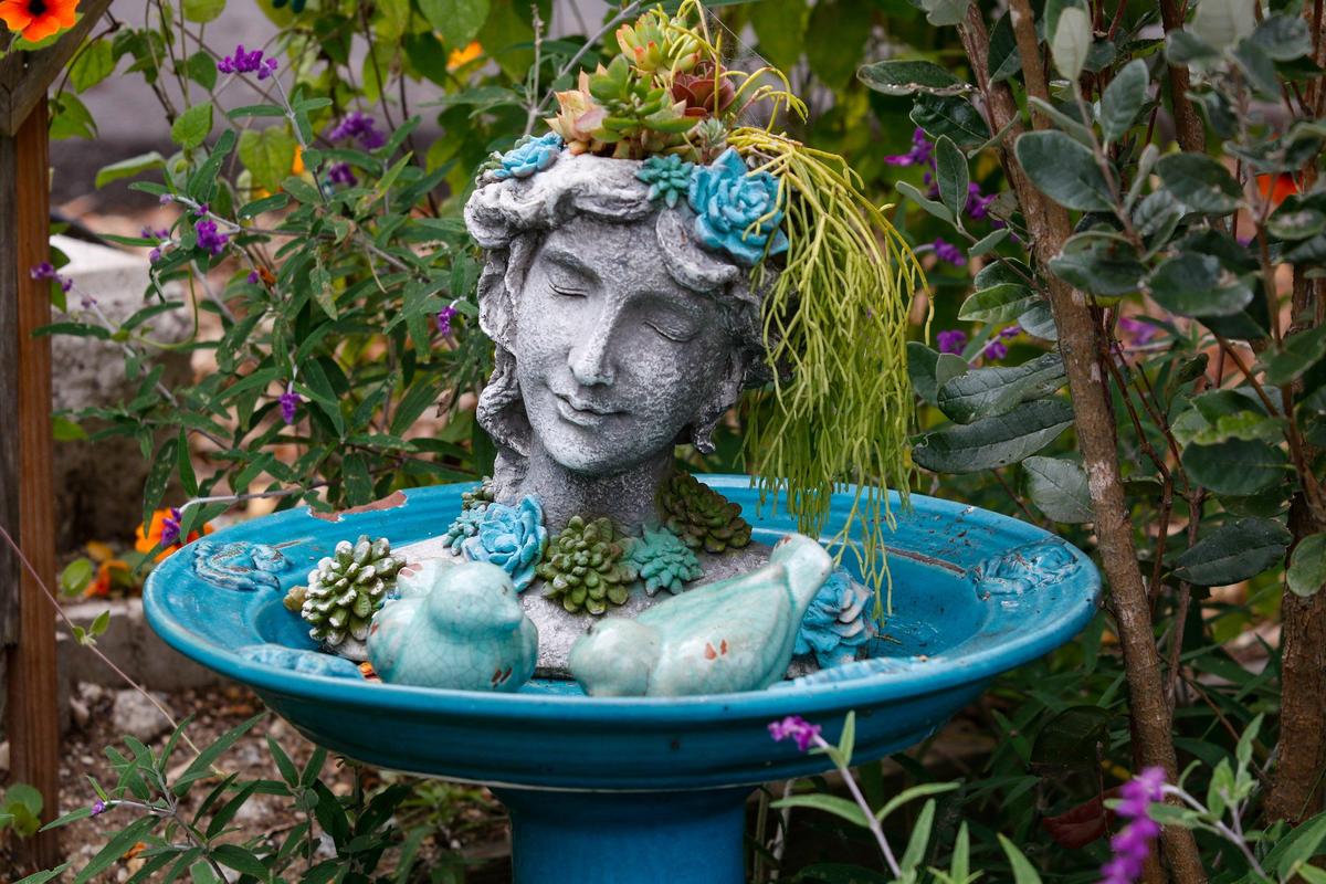 Creative planters are scattered throughout Susie Hubbard’s Los Osos garden, which was featured on the Morro Bay AAUW garden tour in 2017.
