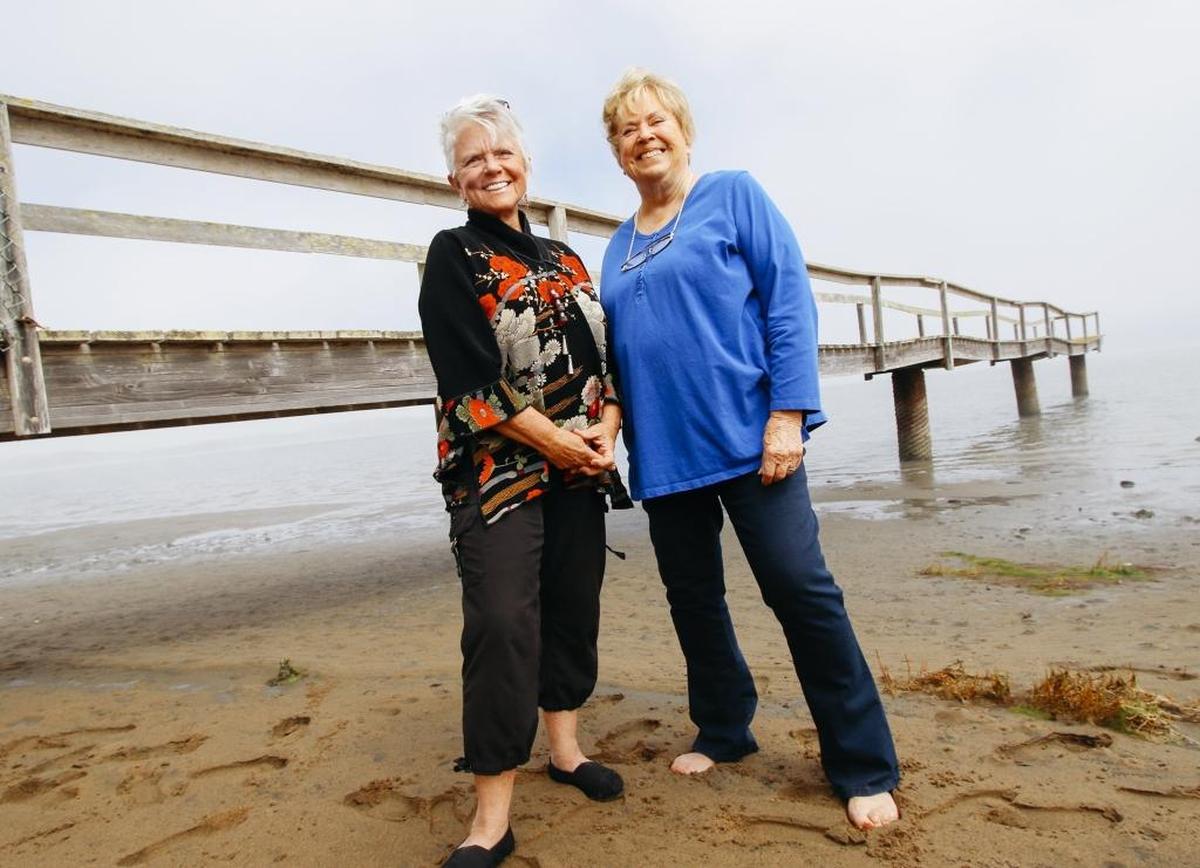 Pandora Nash-Karner, left, and the late Mimi Kalland, who co-founded Celebrate Los Osos. The new public viewing stand is dedicated to Kalland, who died in August.