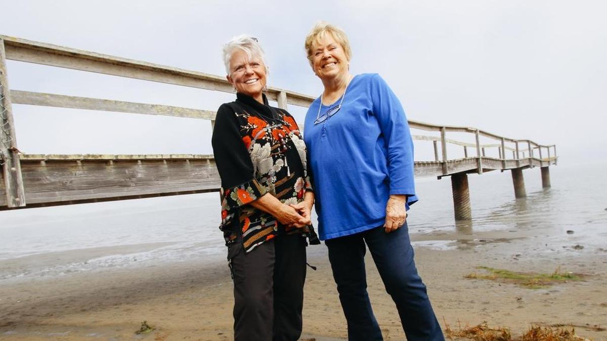 Pandora Nash-Karner, left, and the late Mimi Kalland, who co-founded Celebrate Los Osos. The new public viewing stand is dedicated to Kalland, who died in August.