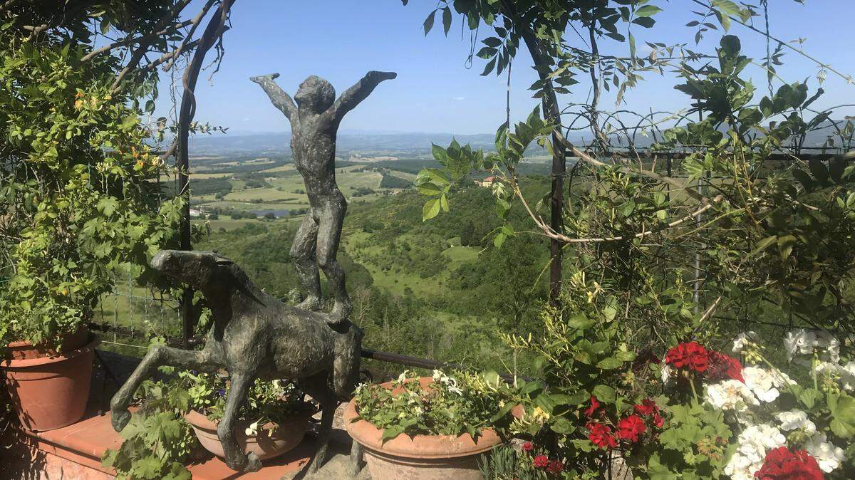 The patio deck of the Verrocchio Art Centre in Casole d’Elsa, Italy, offers stunning views of the Tuscan countryside.