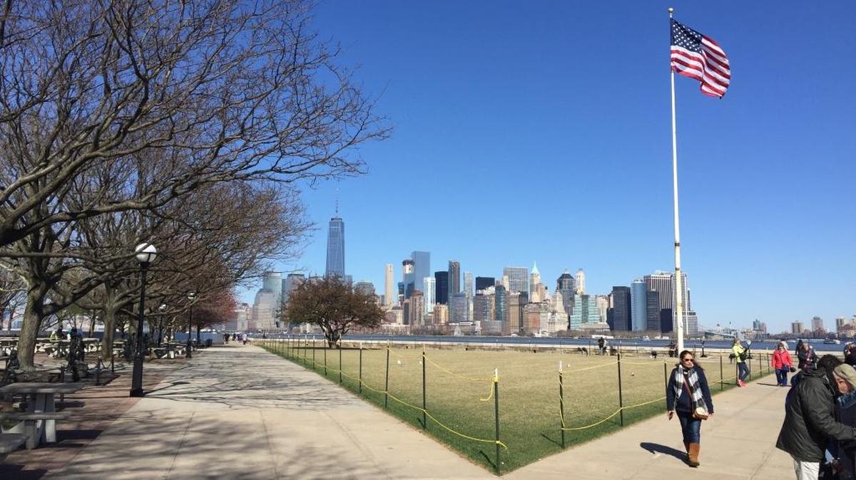 The grounds of Ellis Island offer a panoramic view of Manhattan and the New York Harbor.