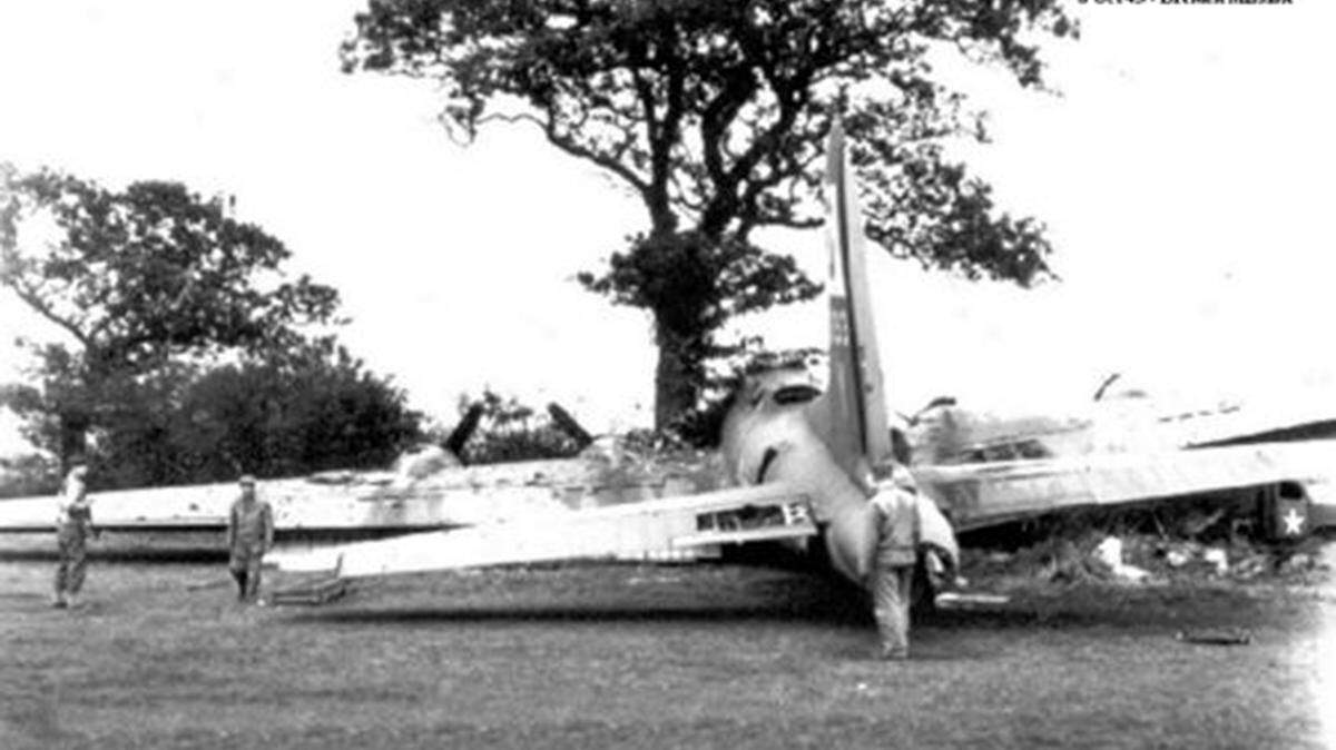 Everett Blakeley's plane, “Just-A-Snappin” collided with an oak tree along the runway at Ludham, Norfolkshire, UK.