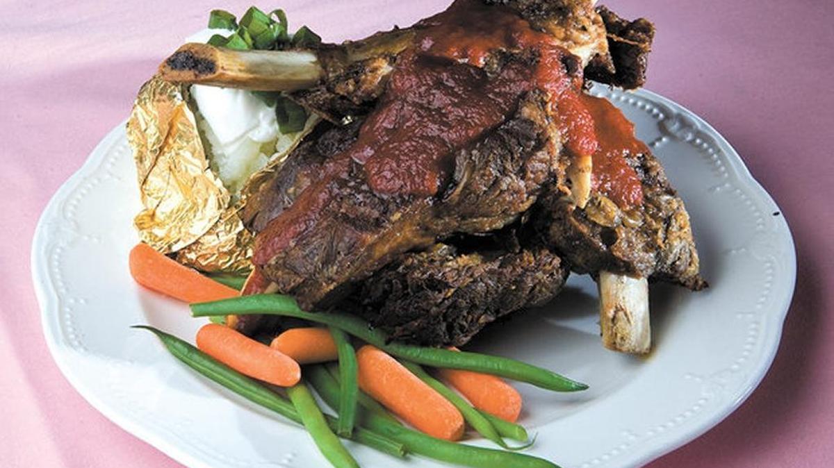 For Restaurant Month, the menu at the Madonna Inn’s Gold Rush Steak House and Copper Cafe includes double-cut beef ribs.