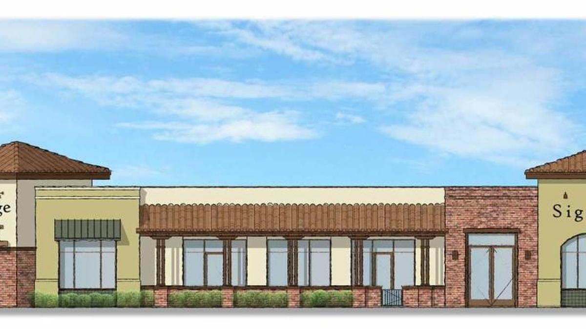 An architectural rendering of a new restaurant and meeting space being built at West Front Village next to Holiday Inn Express & Suites in Atascadero.