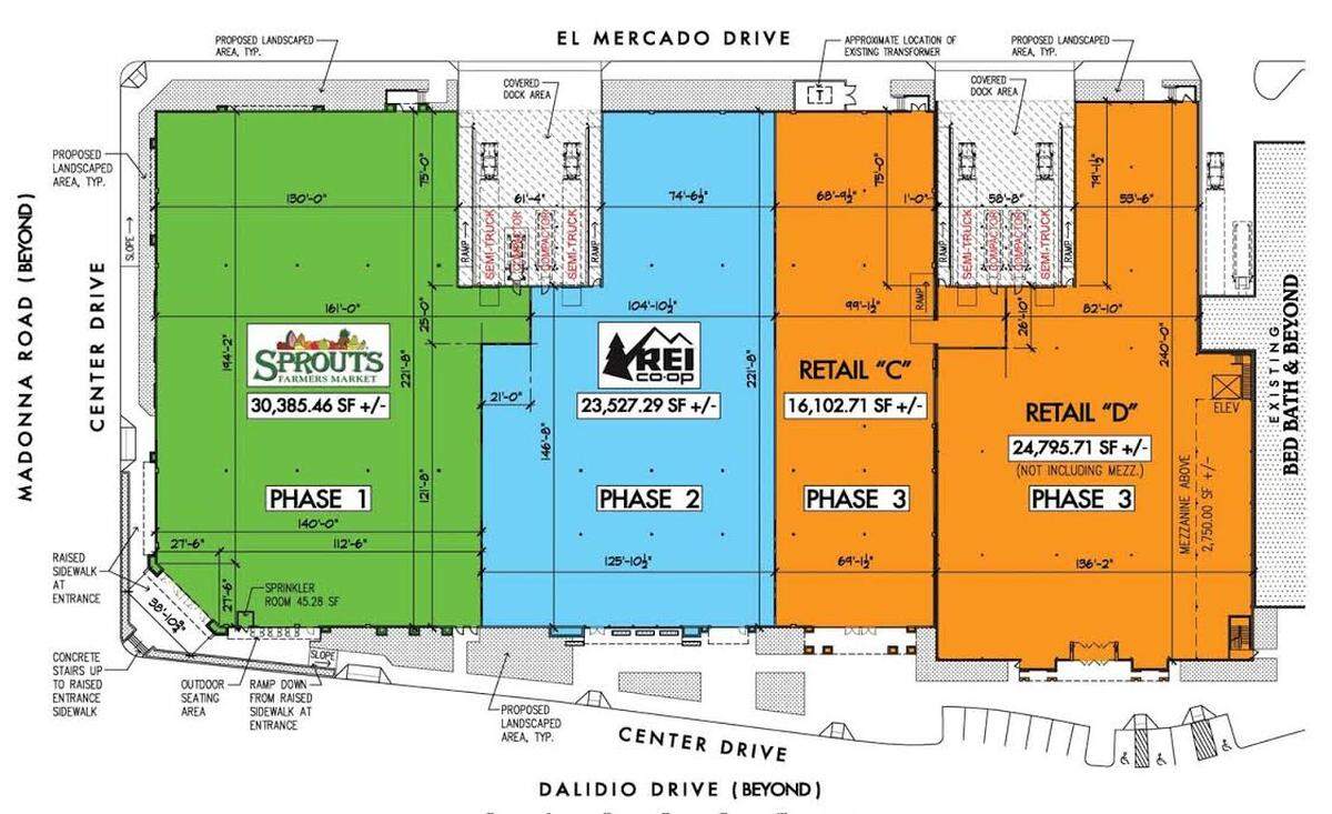 A conceptual phasing plan layout shows the REI store in a July 2017 city staff report presented to the Architectural Review Commission.