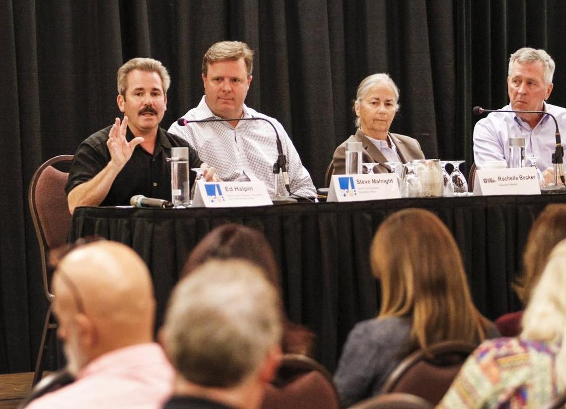 Former Senior Vice President, Generation and Chief Nuclear Officer Ed Halpin, left, addresses those in attendance during a public information meeting at Embassy Suites in San Luis Obispo in 2016 where staff presented information about the 2025 Diablo Canyon closure, addressed questions and took public comment.