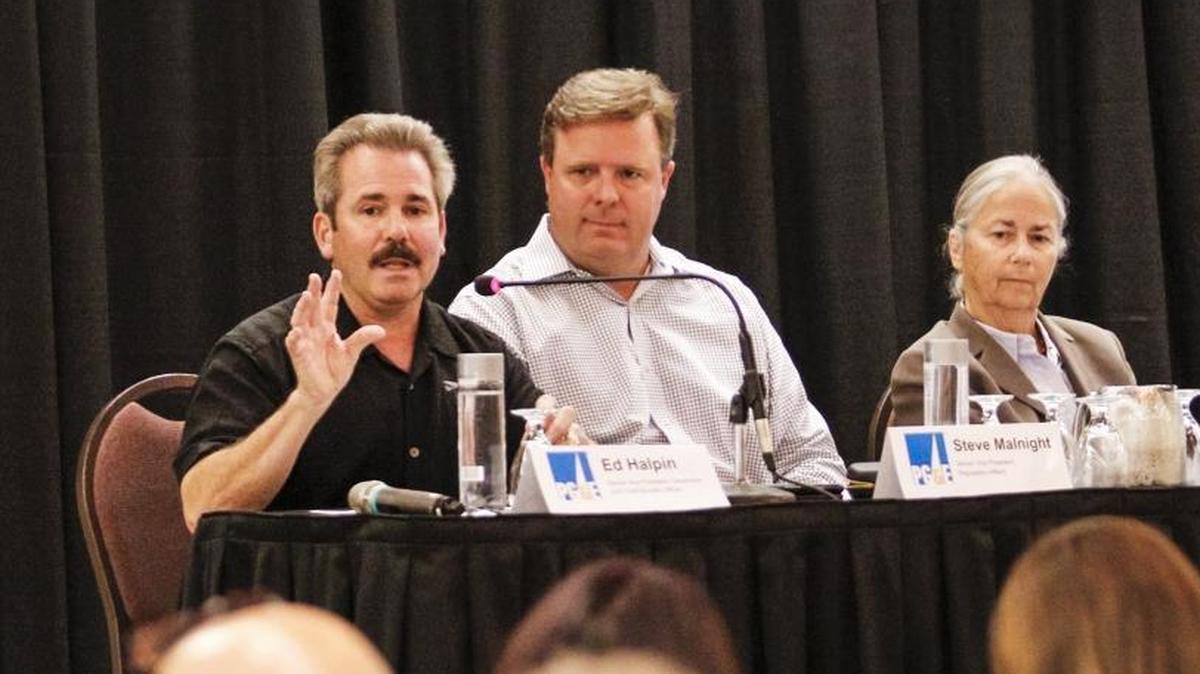 Senior Vice President, Generation and Chief Nuclear Officer Ed Halpin, left, addresses those in attendance during a public information meeting at Embassy Suites in San Luis Obispo where staff presented information about the 2025 Diablo Canyon closure, addressed questions and took public comment. Halpin will retire in December.
