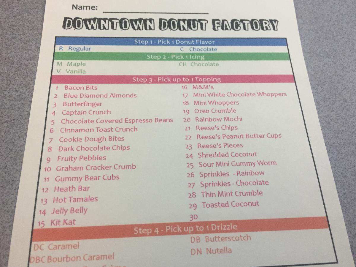 The menu at Downtown Donut Factory.