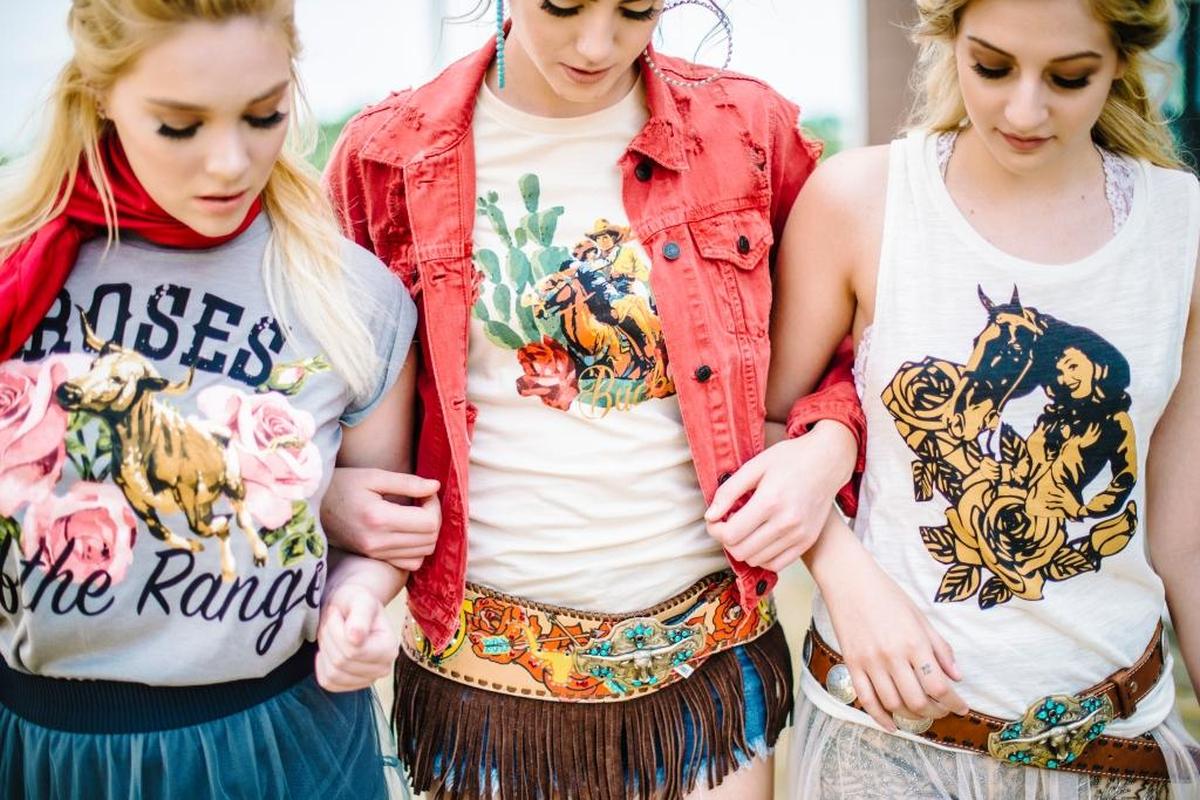 Emma Thorpe, Katie Phillips and Marie Charlotte model Rodeo Quincy tops.