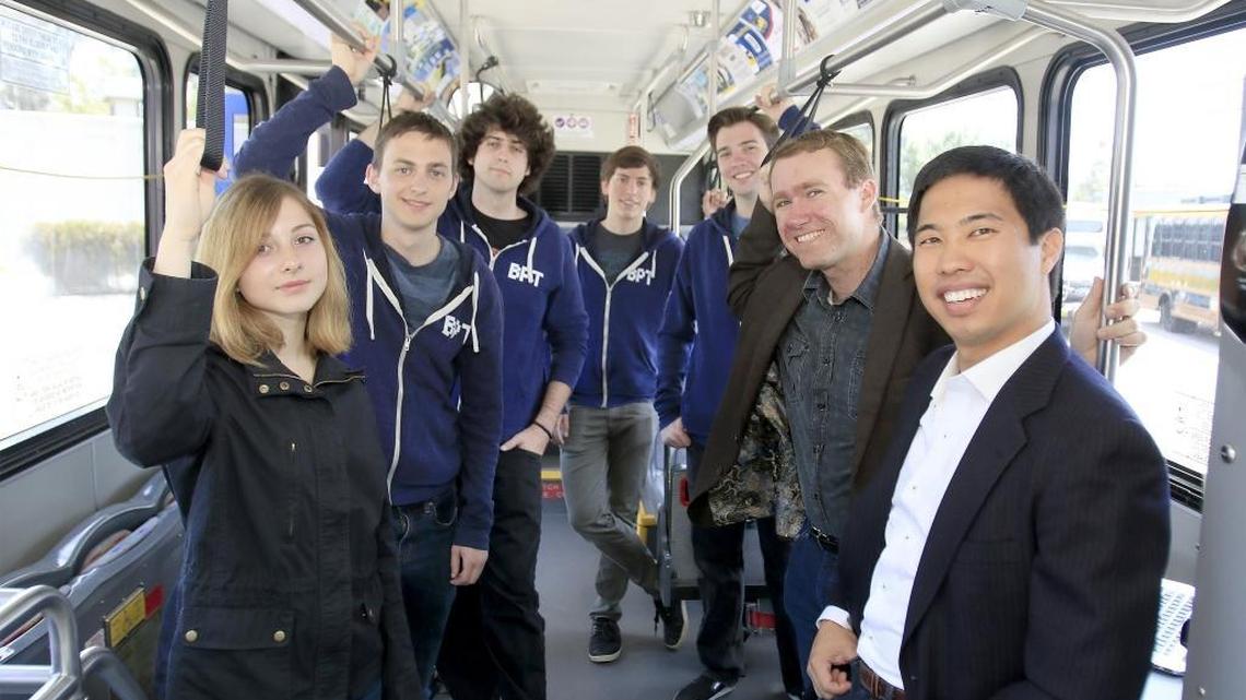 Bishop Peak Technology develops software for the transportation industry, specifically for cities, including San Luis Obispo. Its mobile apps help transportation departments to keep buses running on time, makes routes more efficient. The firm has also expanded its services to include crane operations and parking structures. Pictured inside a SLO City bus that uses the software, from left, Daria Axelsson, software engineer; Jacob Francis, application engineer; Orion Miller, DevOps engineer; David Lennon, product engineer; Kevin Carstens, transportation analyst; Jeffrey Brown, chief technology officer, John Osumi, chief executive officer.