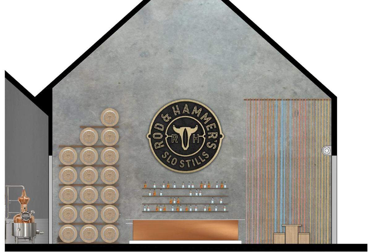 A rendering shows the look of a planned new distillery at The Rock in SLO.