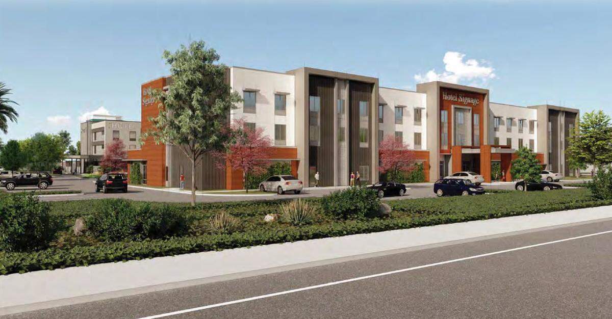 A rendering of the proposed new hotel project near the airport. Two hotels totaling 218 guest rooms are envisioned.