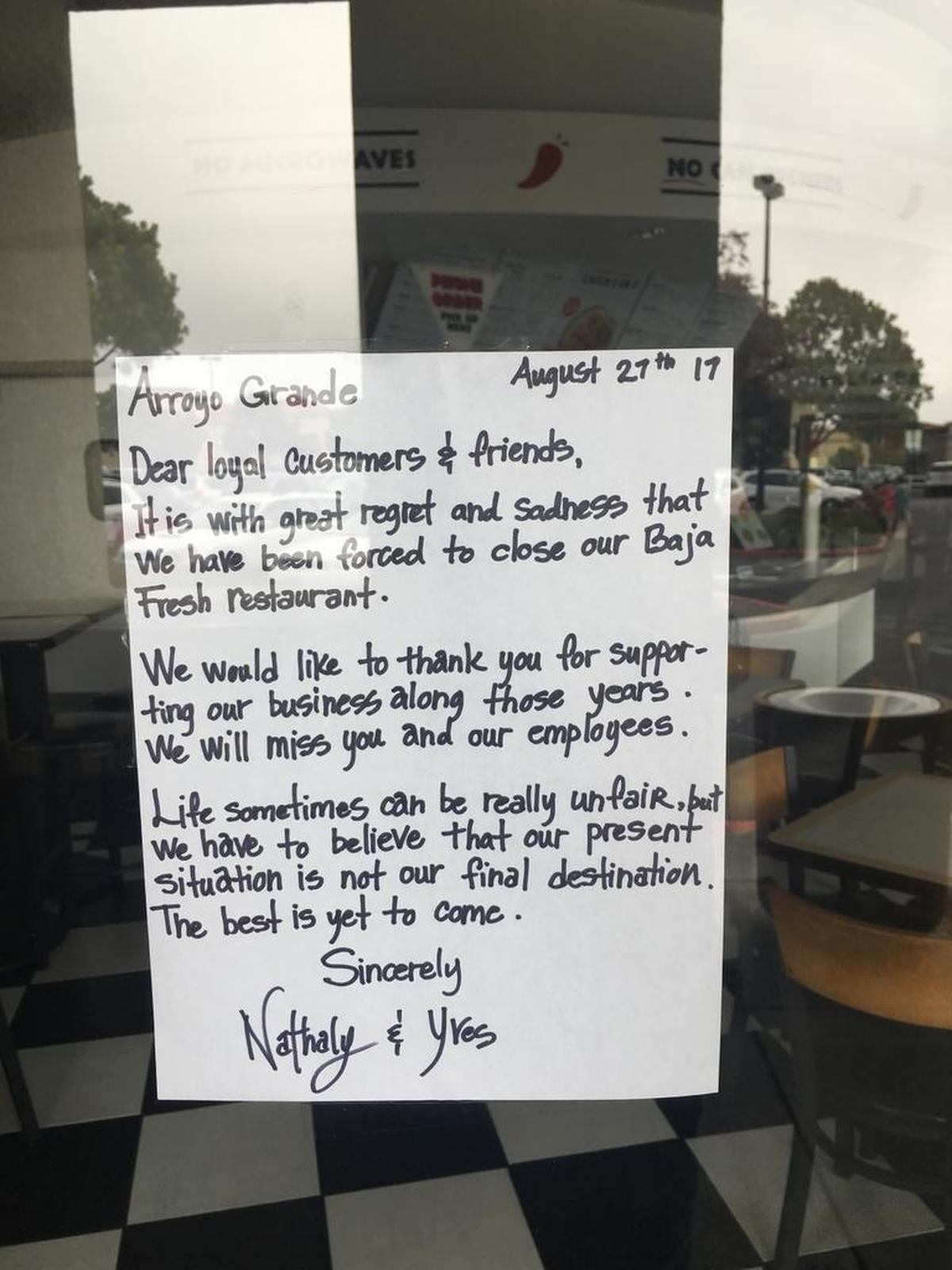 Baja Fresh Mexican Grill in Arroyo Grande closed on Aug. 27. A notice on the door notified customers of the closure.
