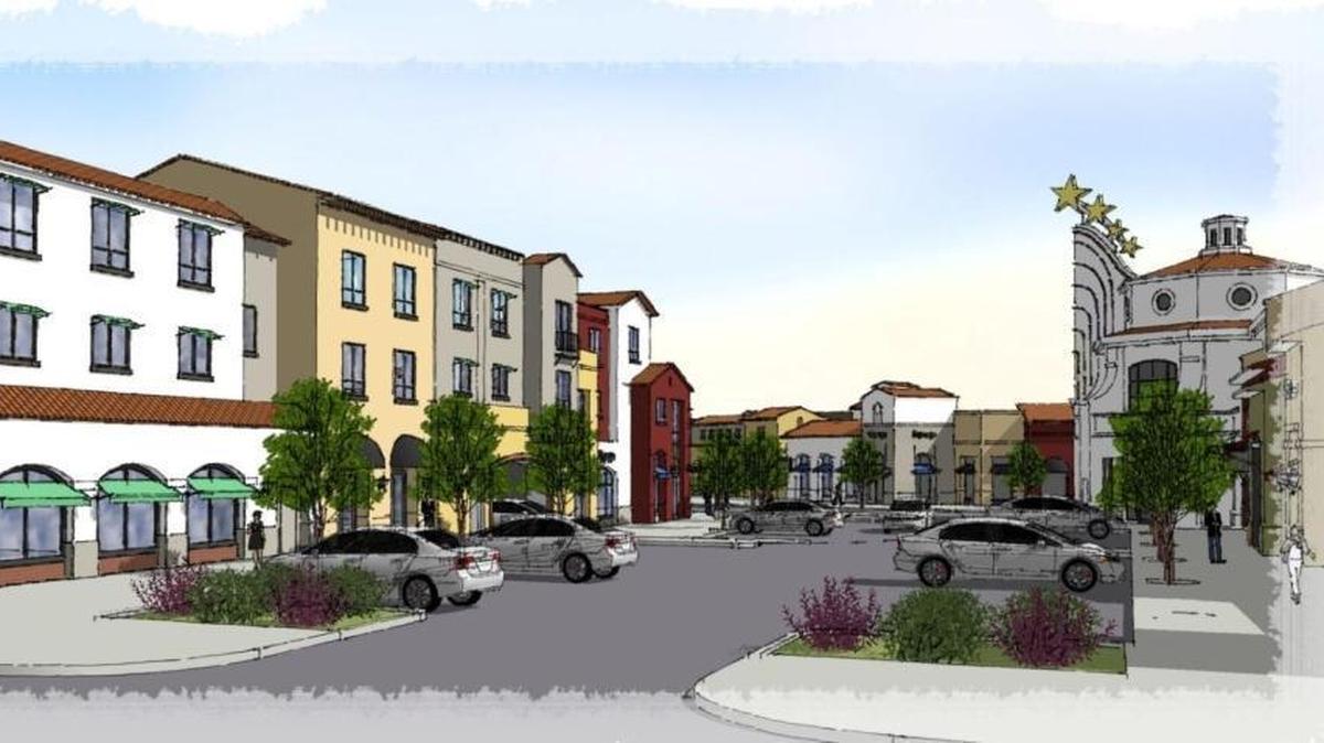 A rendering shows the new Colony Square hotel and retail development, to be located on a vacant L-shaped lot across from Galaxy Theatres.