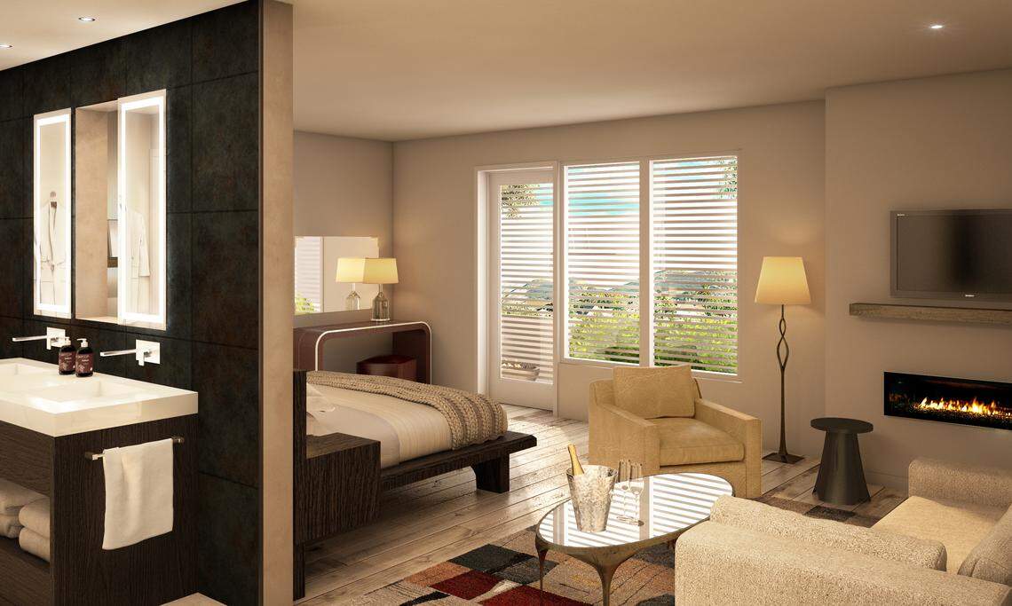 A rendering of the incoming Hotel Cerro in SLO. This image depicts a suite.