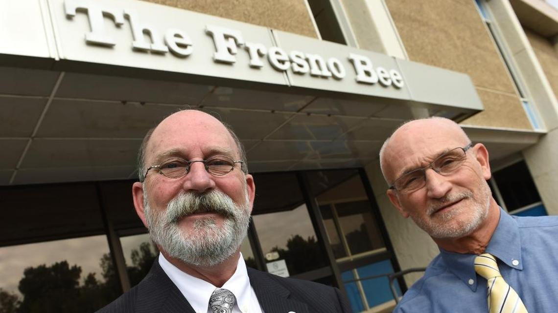 Ken Riddick, left, takes over as publisher of The Fresno Bee and The Tribune from outgoing publisher Tom Cullinan, right.