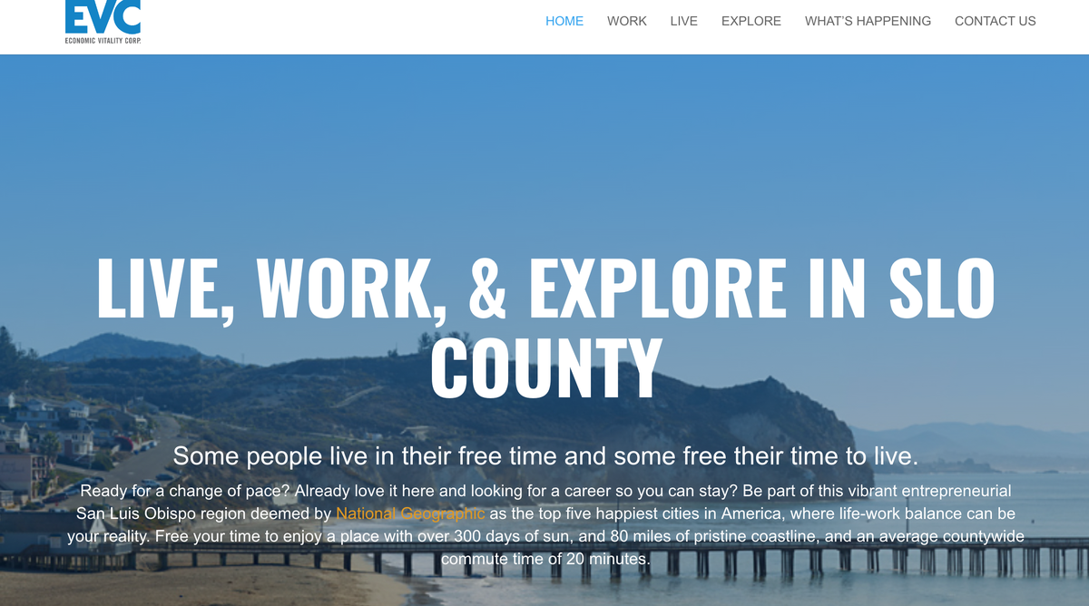 A screen shot shows the Economic Vitality Corporation of San Luis Obispo County’s new Employer-Talent Connection Resource website.