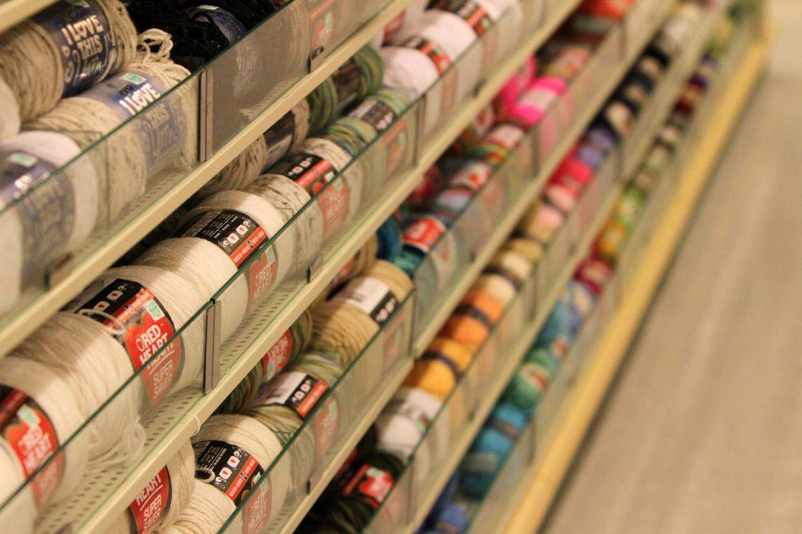 Shelves of yarn at a Hobby Lobby store.