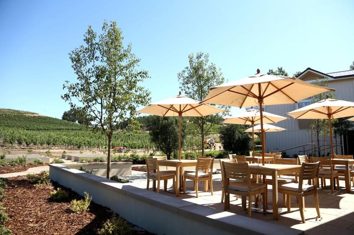 A patio is shown outside the Justin Vineyards & Winery in Paso Robles.