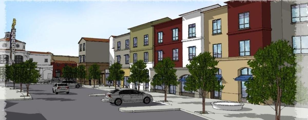 A rendering shows the new Colony Square hotel and retail development, to be located on a vacant L-shaped lot across from Galaxy Theatres.