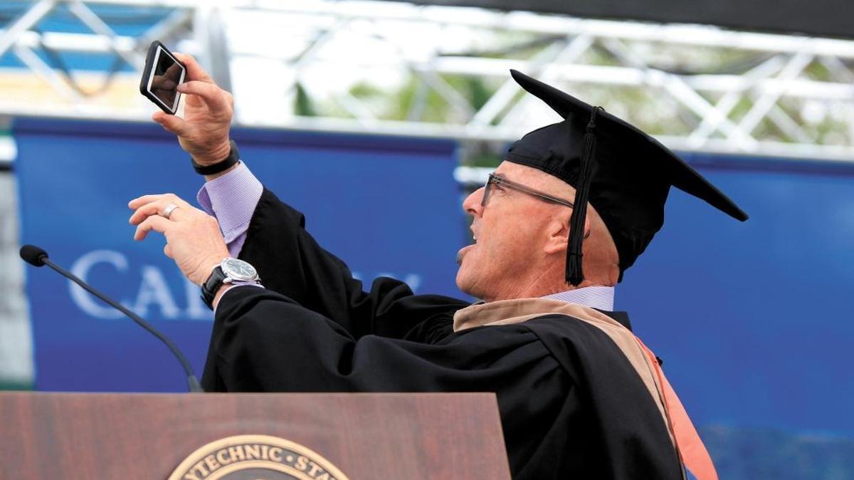 GoDaddy CEO Blake Irving was the keynote speaker last year at Cal Poly’s Architecture and Engineering Department's commencement ceremony. Here, he takes a selfie with the entire graduating class behind him just before his speech.