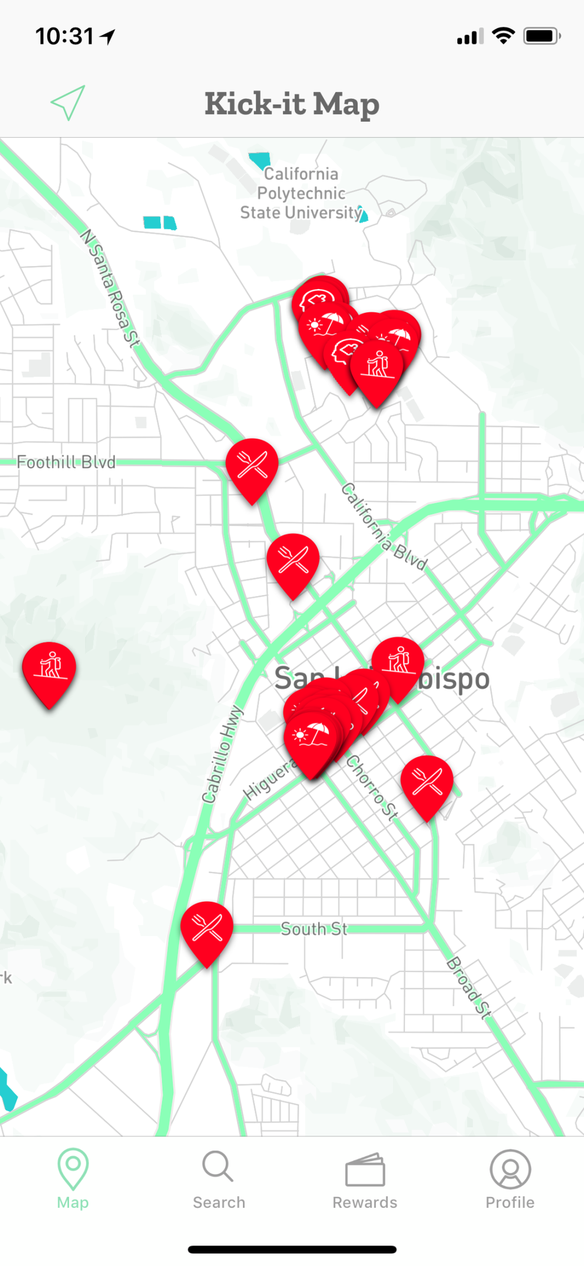 Kick-it Points shows users the different types of experiences and deals near them.