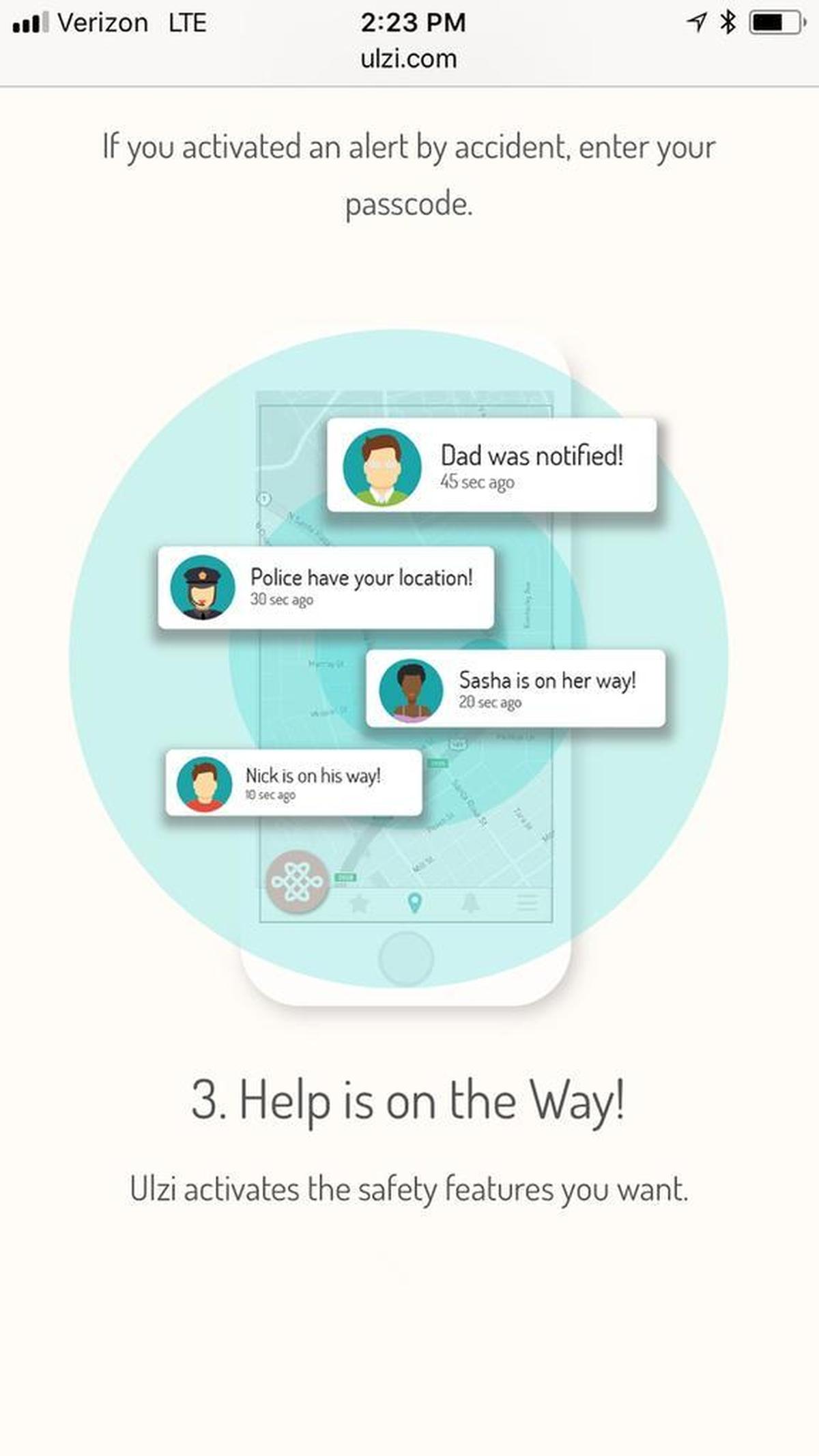 A screenshot of the Ulzi website, explaining the crowd-sourcing safety aspect of the app.