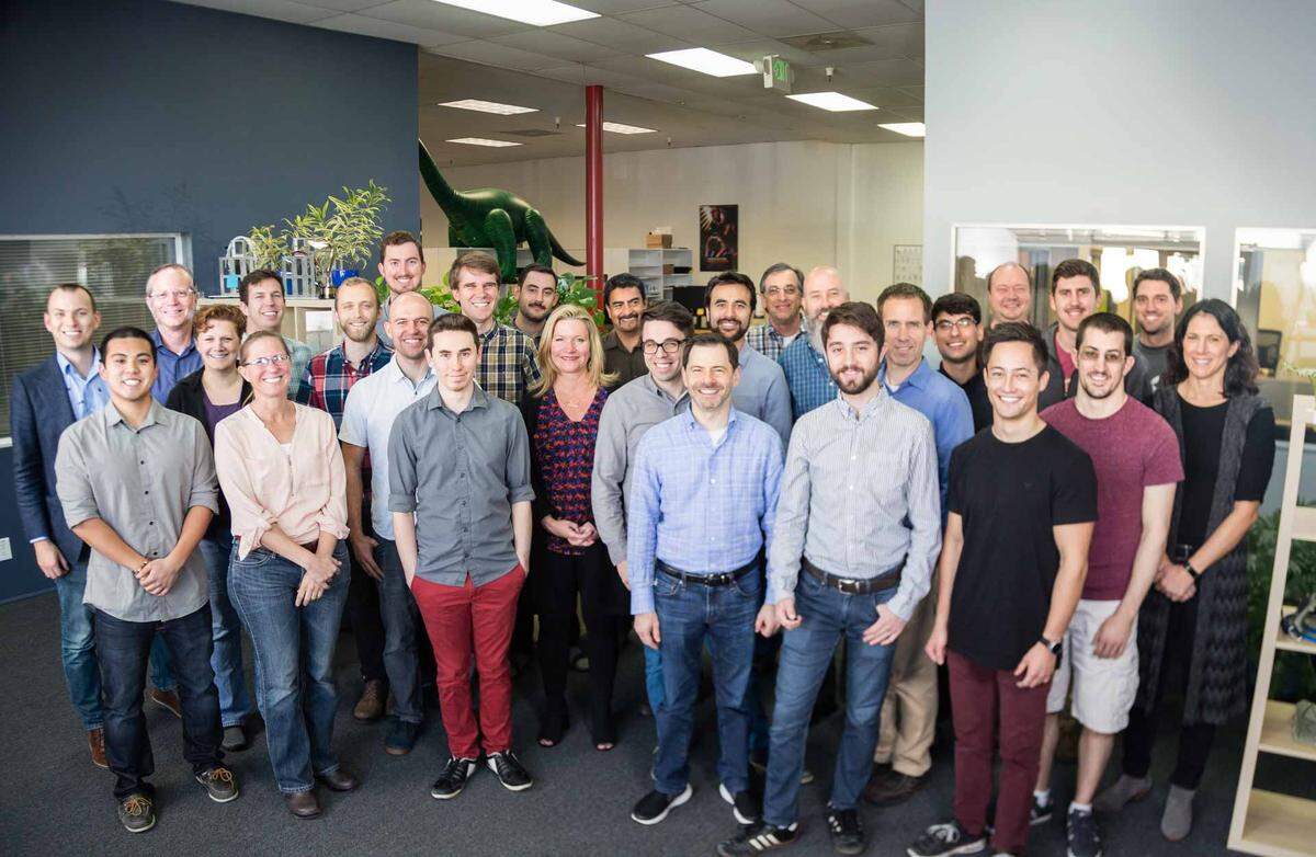 The HaptX team poses for a photo in the company’s San Luis Obispo office. HaptX recruits much of its staff right out of Cal Poly.