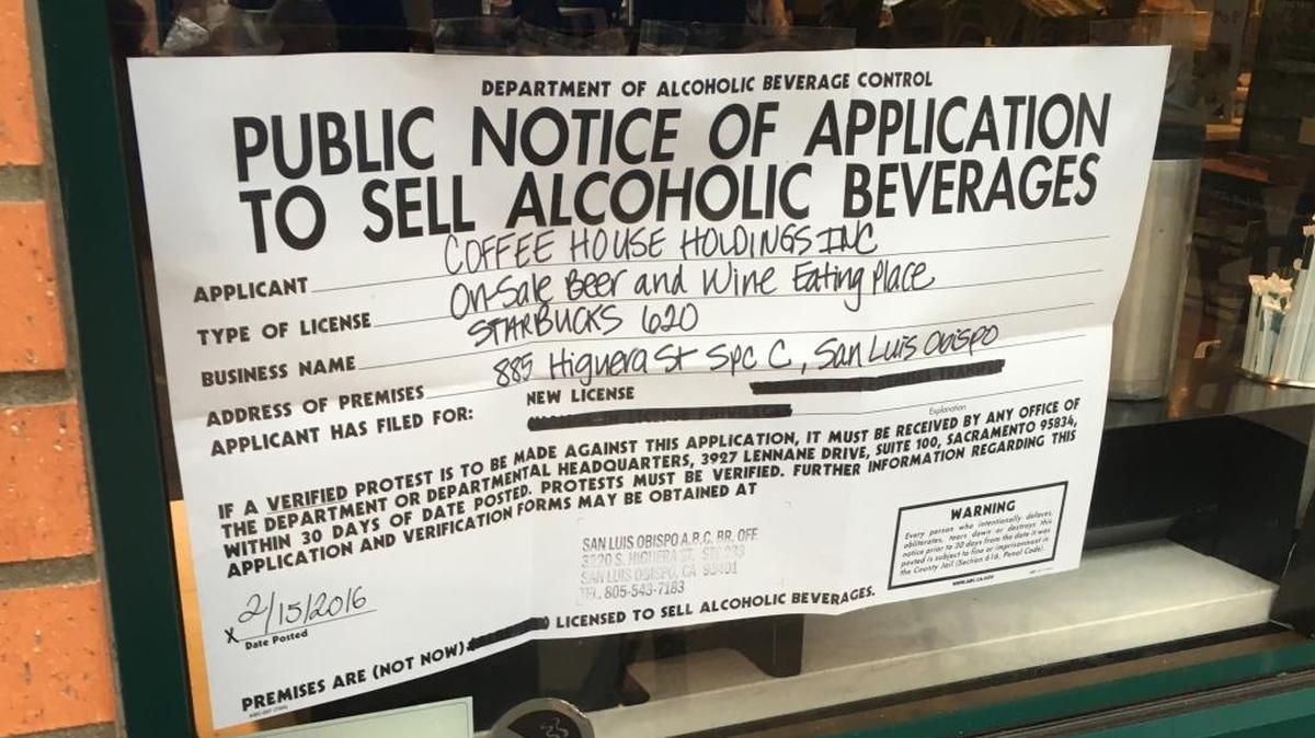 Starbucks is seeking to sell beer and wine at its downtown San Luis Obispo coffee shop.
