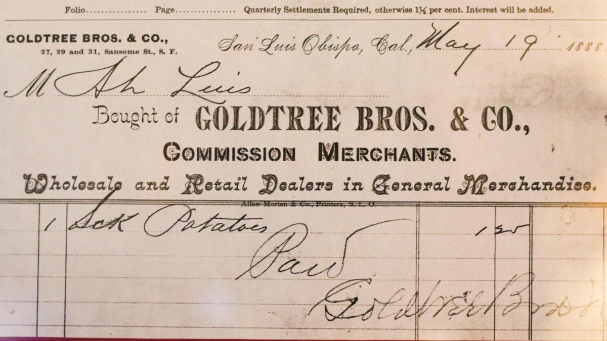 One of the pioneer merchants in San Luis Obispo traded with the other, here is a receipt where Ah Louis buys a sack of potatoes from the Goldtree Brothers.